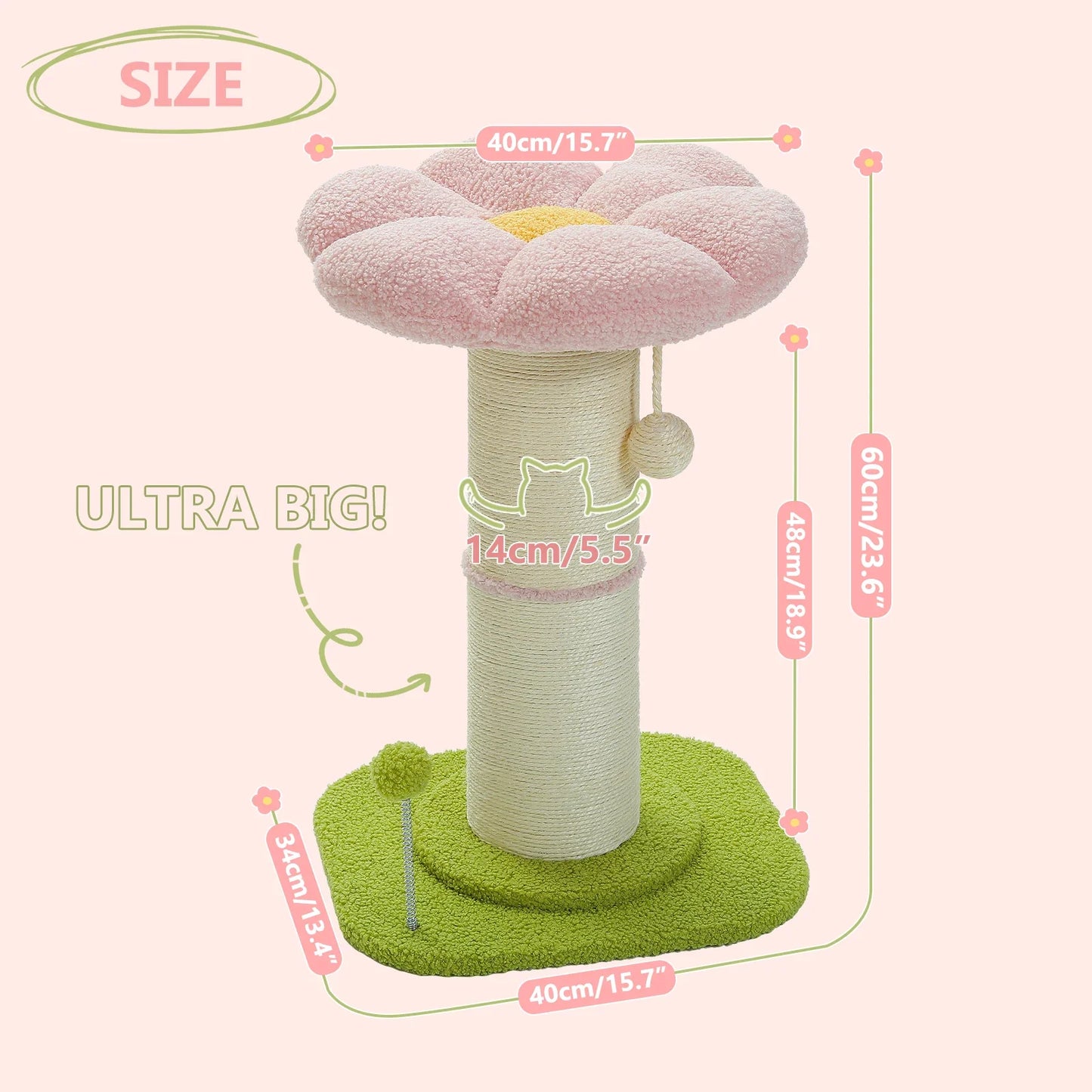 Pink Flower Cat Tree - Compact Sisal Scratching Post for Indoor Cats - Purrfect Pet Kingdom