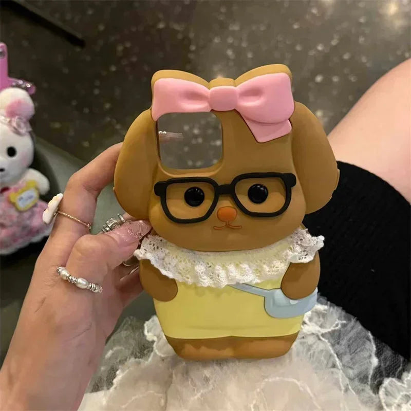 Silicone Cartoon Pink Bow Dog Suitable For Iphone 16 15 Pro