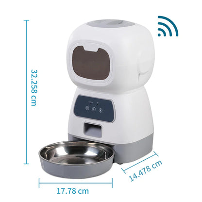 White robot-style smart pet feeder with stainless steel bowl, digital panel, and WiFi icon. Dimensions labeled.