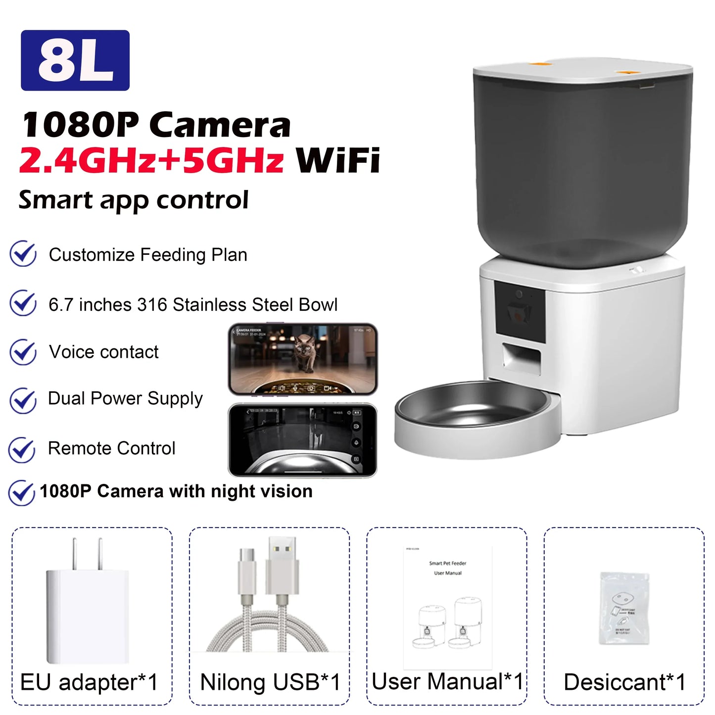 White 8L smart cat feeder with smoky gray tank, camera, and stainless steel bowl. App screen shows a cat.