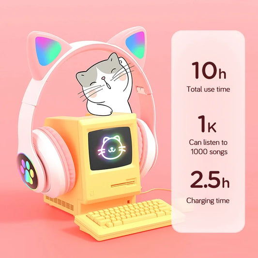Flash Lamp Cute Cat Ears Headphone Bluetooth5.0 Stereo With