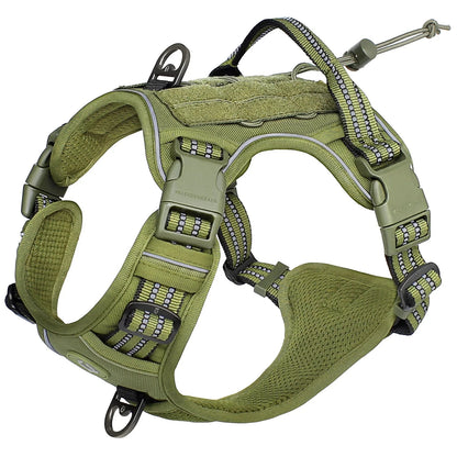 Olive green Elite Tactical dog harness with padded mesh, MOLLE panels, and top handle by Purrfect Pet Kingdom.