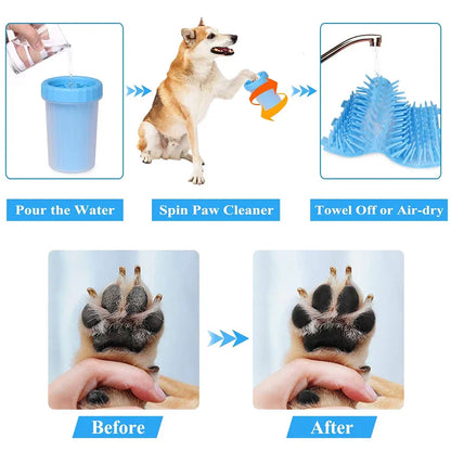 Blue silicone paw washer guide: fill, spin on paw, and clean. Before and after photos show mud removal results.