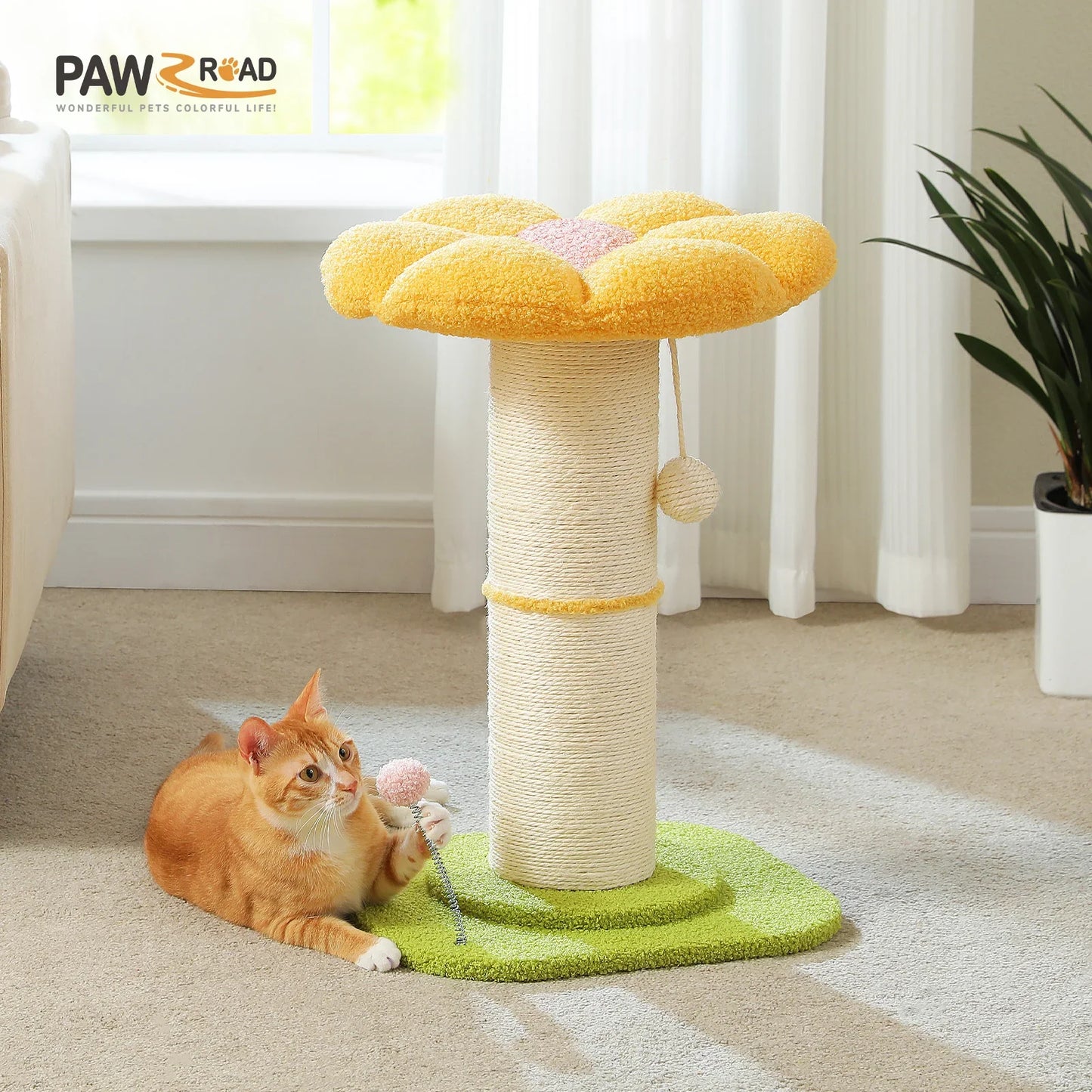 Pink Flower Cat Tree - Sisal Scratching Post with Perch