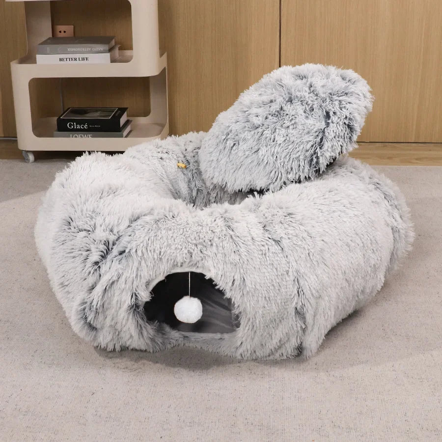 Winter Indoor Plush Cat Bed Tunnel - Play & Sleep Hide and Seek Integrated House