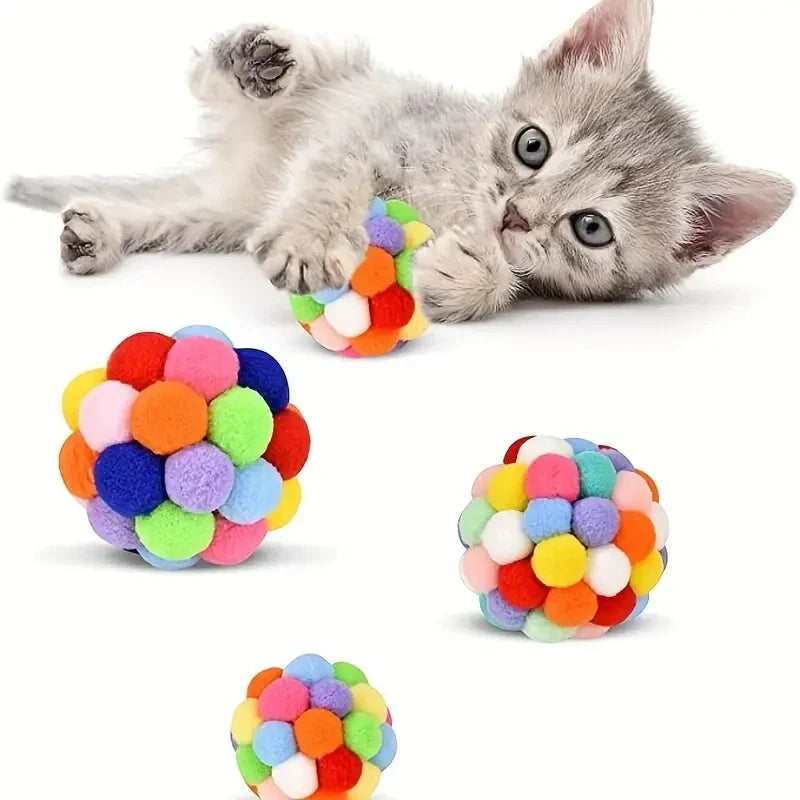 Cat Plush Bell Ball Toy – Colorful Woolen Self - Play Ball - WTN Essentials