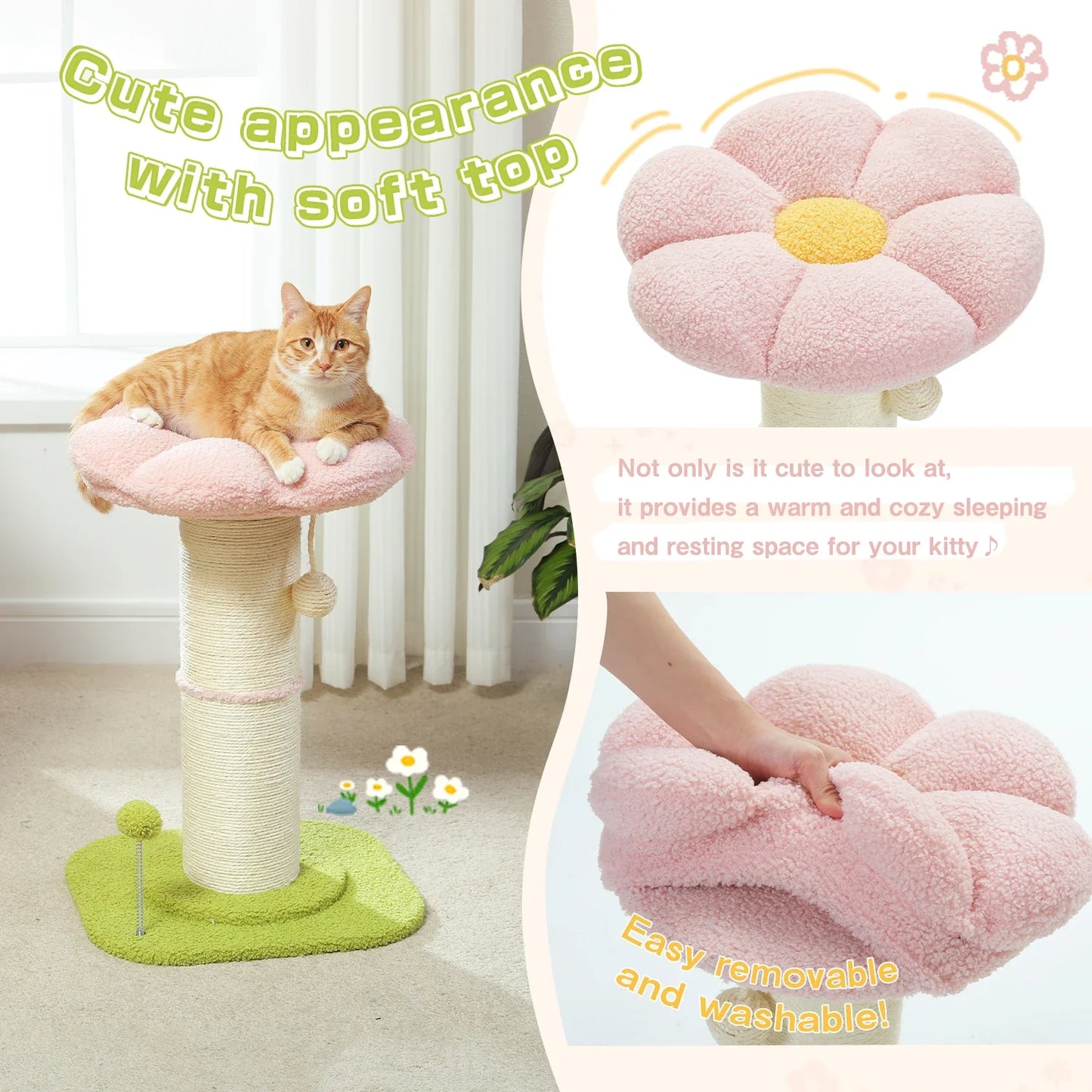Pink Flower Cat Tree - Compact Sisal Scratching Post for Indoor Cats - Purrfect Pet Kingdom