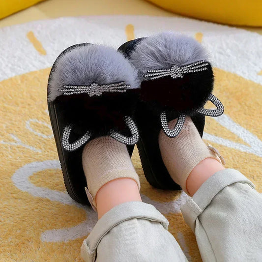 👑 Princess Cat Diamond Slippers - Magical Winter Warm Furry Royal Shoes for Girls