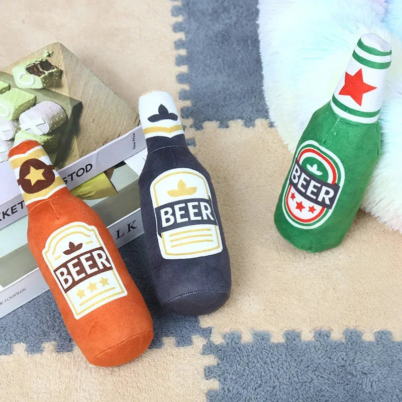 Plush Beer Bottle Dog Toy – Squeaky, Bite-Resistant, Teeth Cleaning