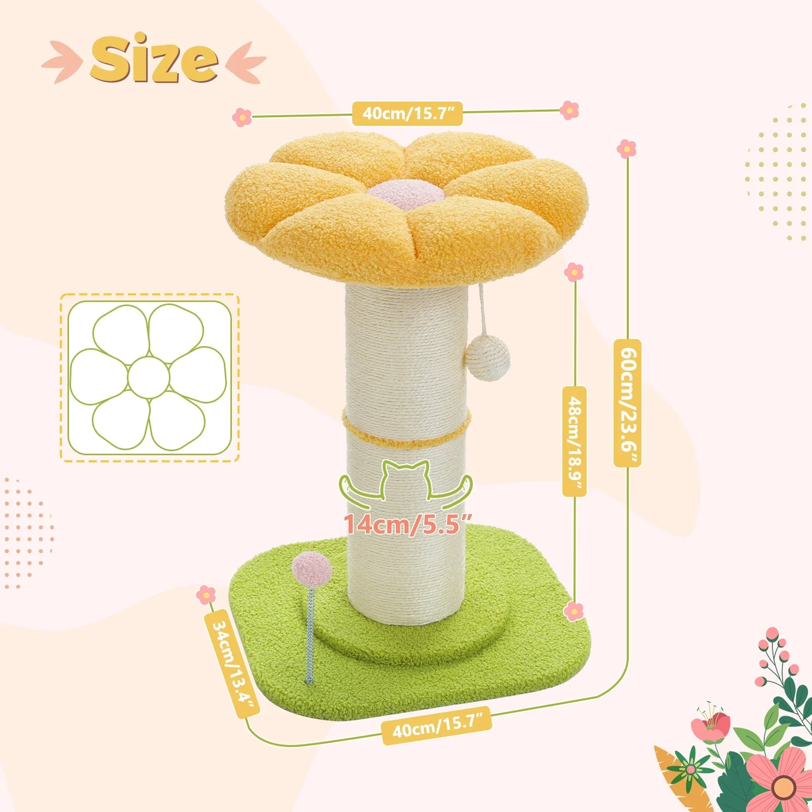 Pink Flower Cat Tree - Compact Sisal Scratching Post for Indoor Cats - Purrfect Pet Kingdom