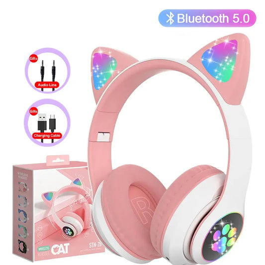 Flash Lamp Cute Cat Ears Headphone Bluetooth5.0 Stereo With