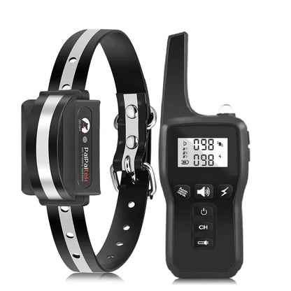 WTN Essentials black dog training collar with silver reflective stripe and digital remote with LCD display.