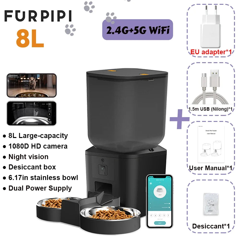 Black 8L smart cat feeder with 1080P camera, dual stainless bowls, and app control. Cat shown on phone screen.
