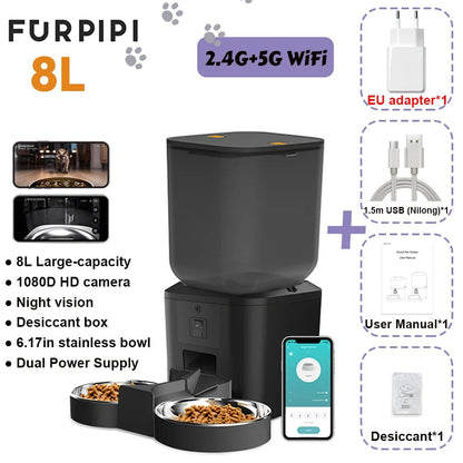 Black 8L smart cat feeder with 1080P camera, dual stainless bowls, and app control. Cat shown on phone screen.