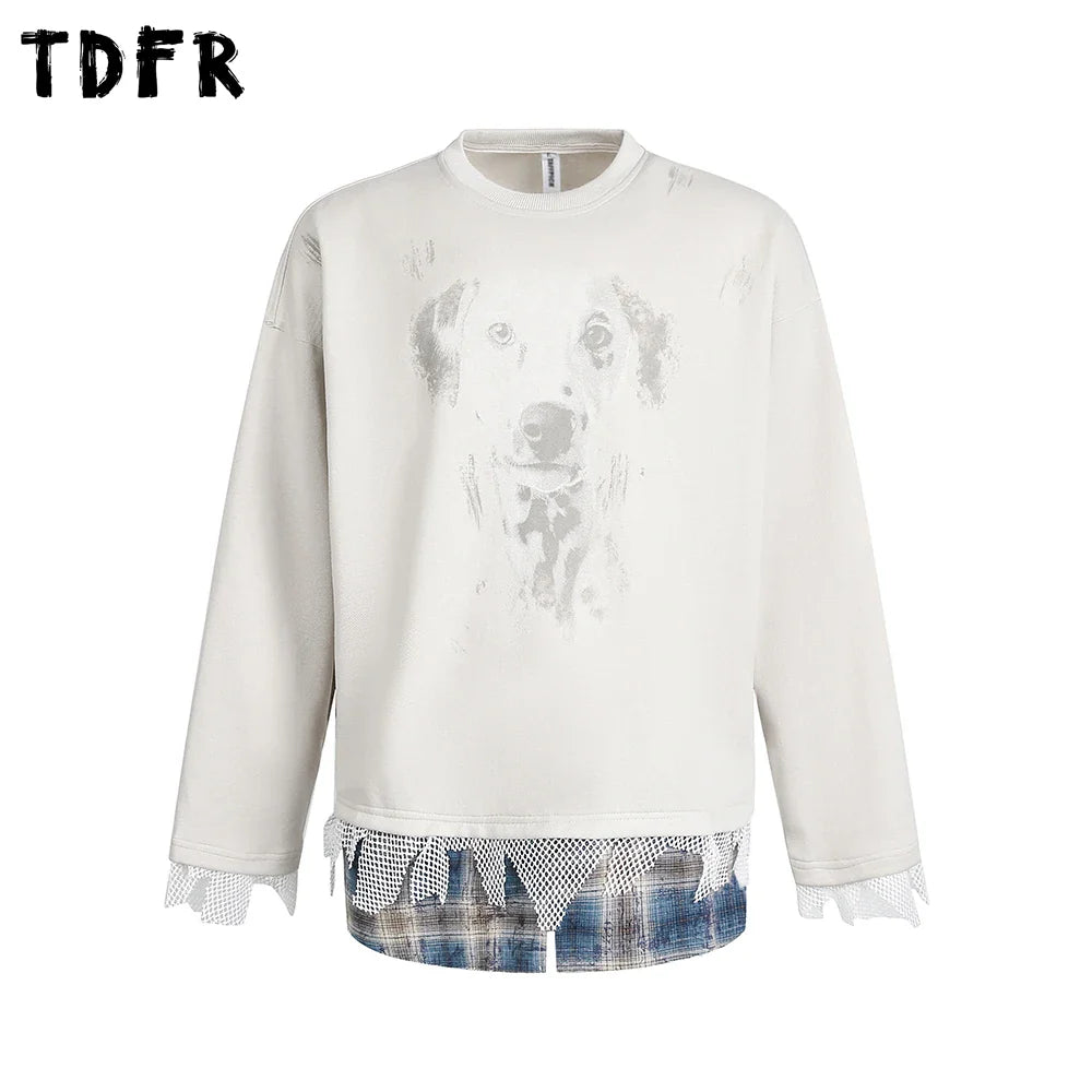 Dog Print Fake Two-Piece Men's Sweatshirt - Retro Patchwork Crew Neck - Purrfect Pet Kingdom