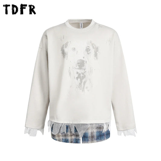 Dog Print Fake Two-Piece Men's Sweatshirt - Retro Patchwork Crew Neck - Purrfect Pet Kingdom
