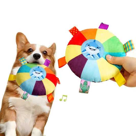 Rainbow Plush Flying Saucer Dog Toy – Interactive Chew & Training