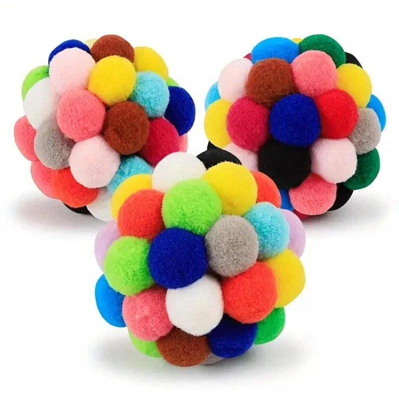 Cat Plush Bell Ball Toy – Colorful Woolen Self - Play Ball - WTN Essentials - Small size 3 pack - 14:200000080#Small size 3 pack