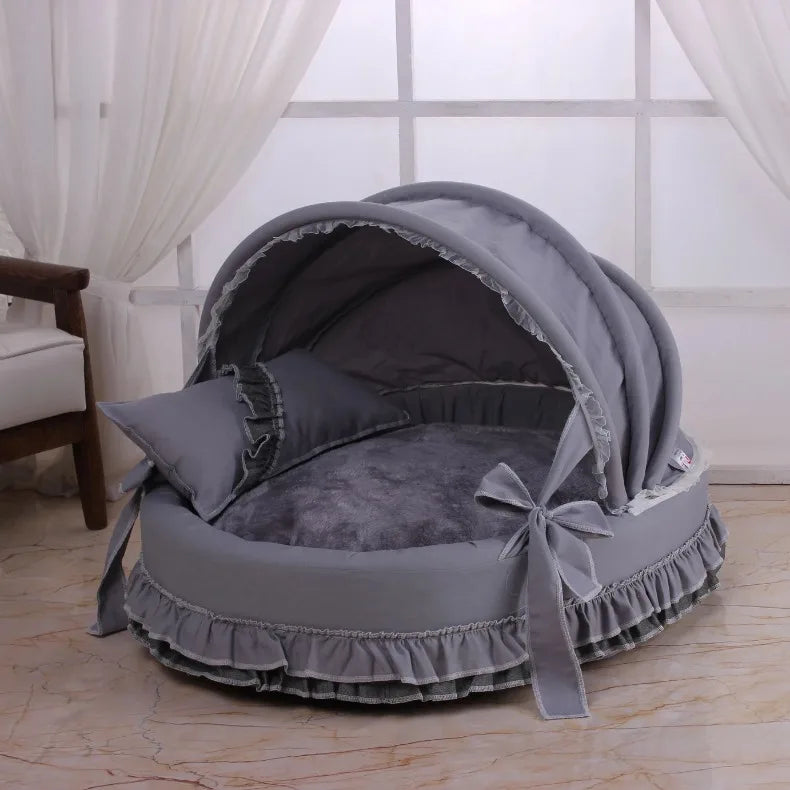 Luxury Round Pet Bed with Lace Trim - Washable Dog Bed