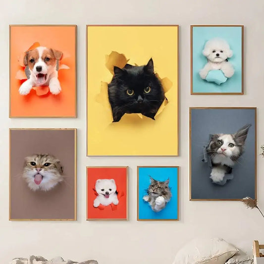 Cute Cats & Dogs Wall Art Poster - Waterproof
