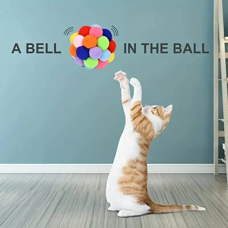 Cat Plush Bell Ball Toy – Colorful Woolen Self - Play Ball - WTN Essentials
