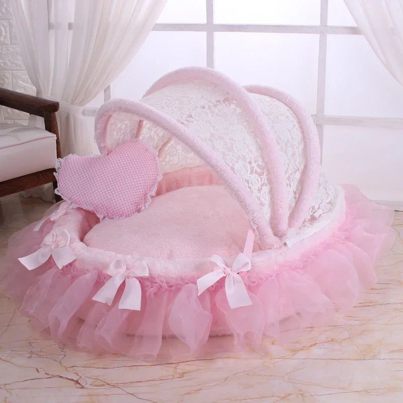 Luxury Round Pet Bed with Lace Trim - Washable Dog Bed