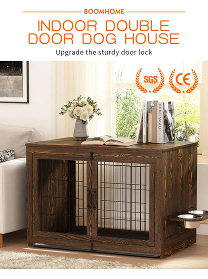 Wooden Two-Door Dog Cage - Luxury Solid Wood Pet Furniture