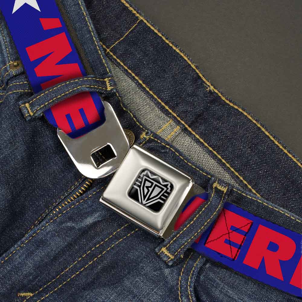 BD Wings Logo CLOSE - UP Full Color Black Silver Seatbelt Belt - 'MERICA/Star Blue/Red/White Webbing - Seatbelt Belts - Buckle - Down