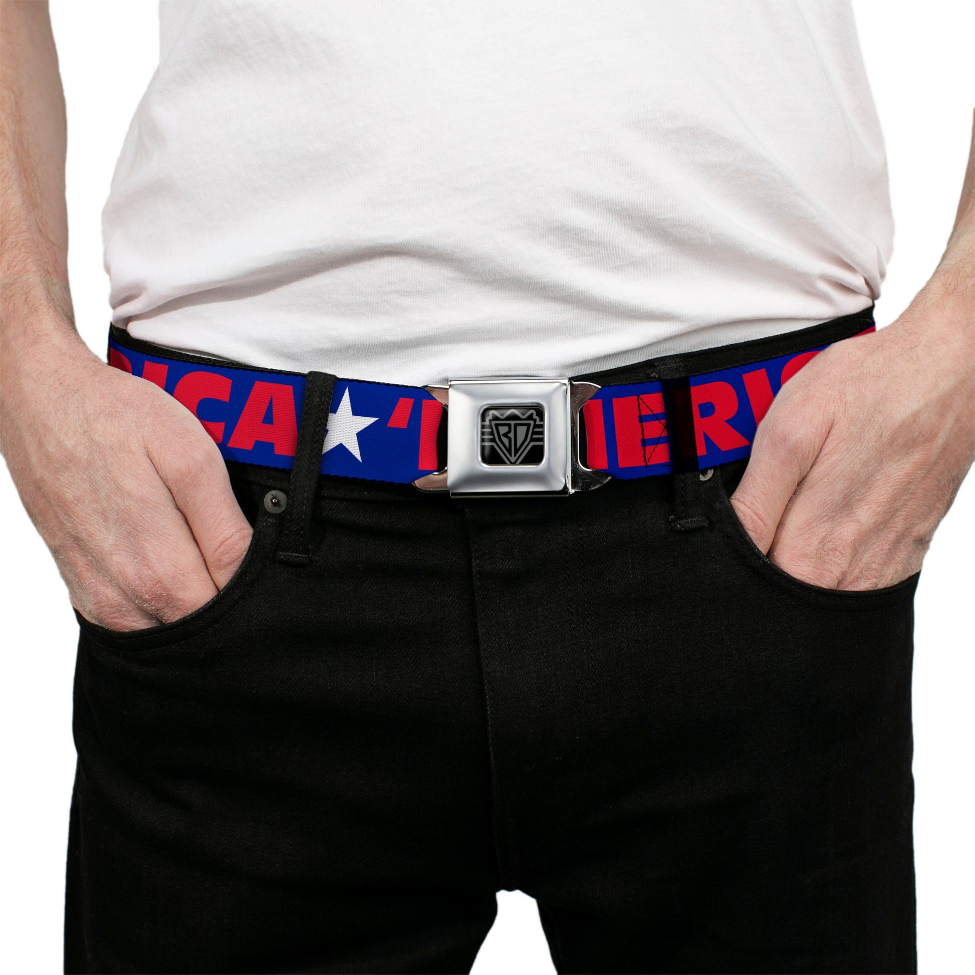 BD Wings Logo CLOSE - UP Full Color Black Silver Seatbelt Belt - 'MERICA/Star Blue/Red/White Webbing - Seatbelt Belts - Buckle - Down