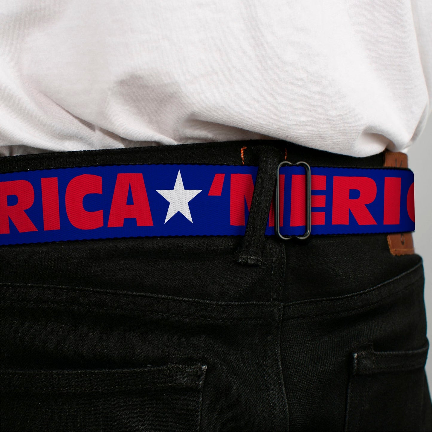 BD Wings Logo CLOSE - UP Full Color Black Silver Seatbelt Belt - 'MERICA/Star Blue/Red/White Webbing - Seatbelt Belts - Buckle - Down