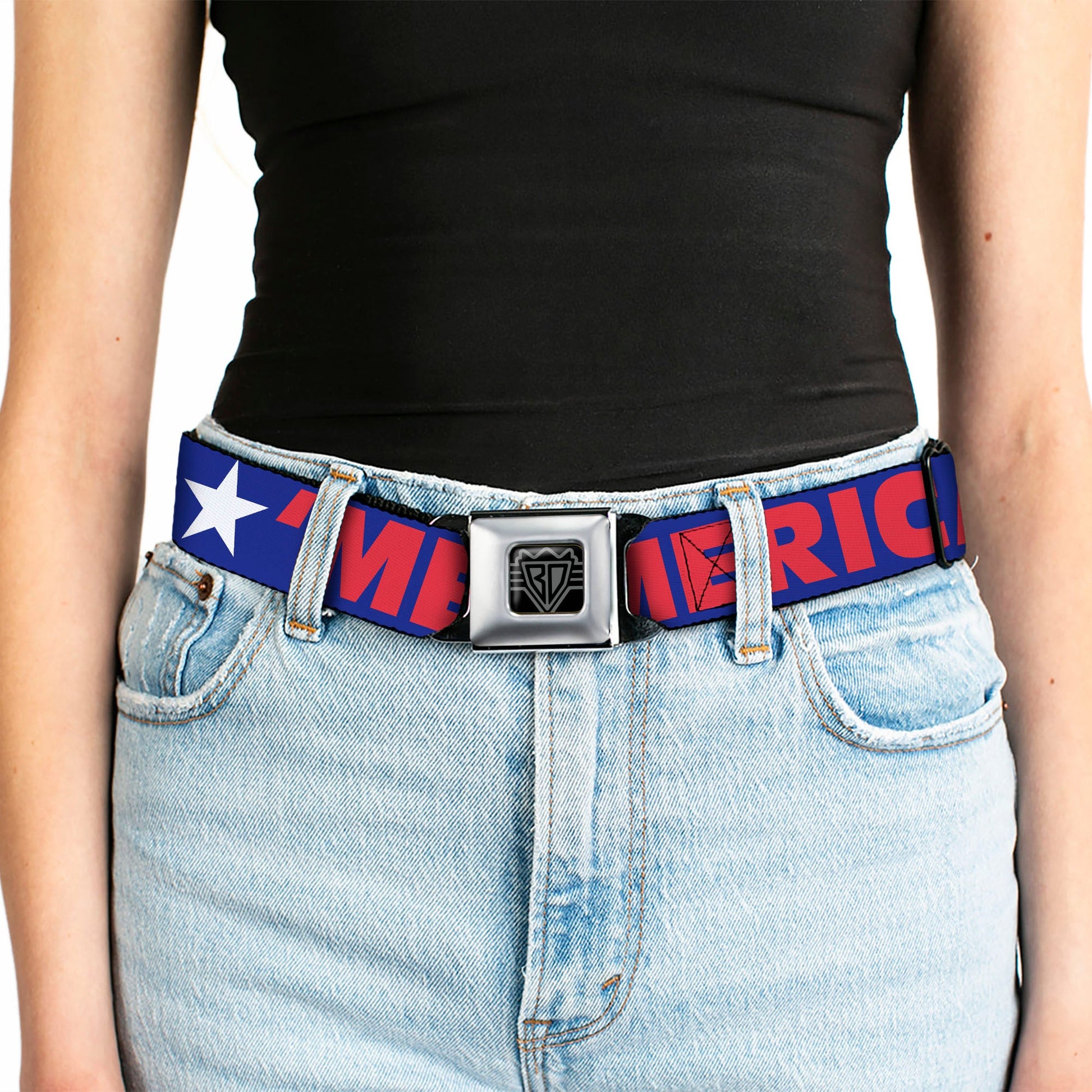 BD Wings Logo CLOSE - UP Full Color Black Silver Seatbelt Belt - 'MERICA/Star Blue/Red/White Webbing - Seatbelt Belts - Buckle - Down