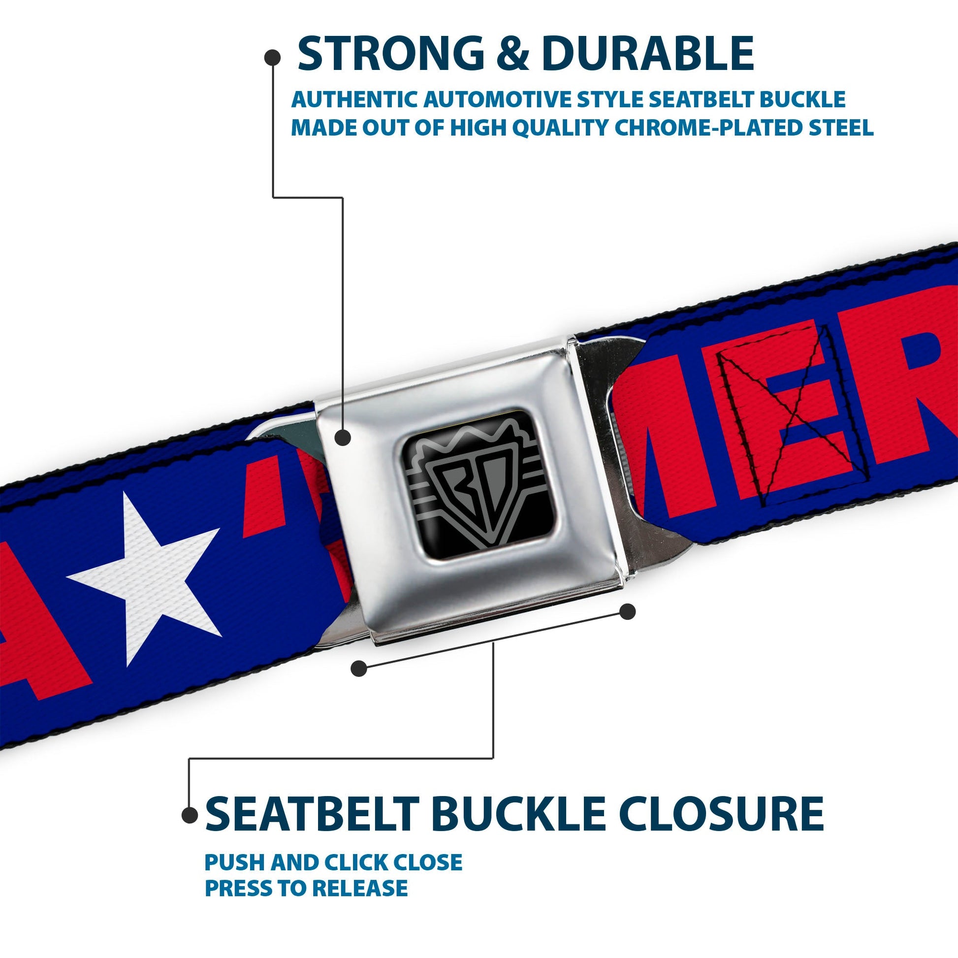 BD Wings Logo CLOSE - UP Full Color Black Silver Seatbelt Belt - 'MERICA/Star Blue/Red/White Webbing - Seatbelt Belts - Buckle - Down