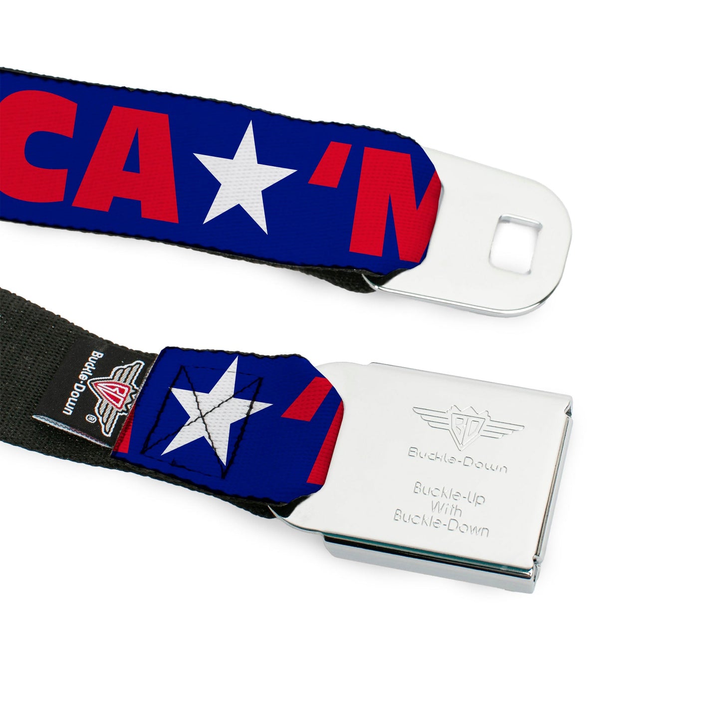 BD Wings Logo CLOSE - UP Full Color Black Silver Seatbelt Belt - 'MERICA/Star Blue/Red/White Webbing - Seatbelt Belts - Buckle - Down