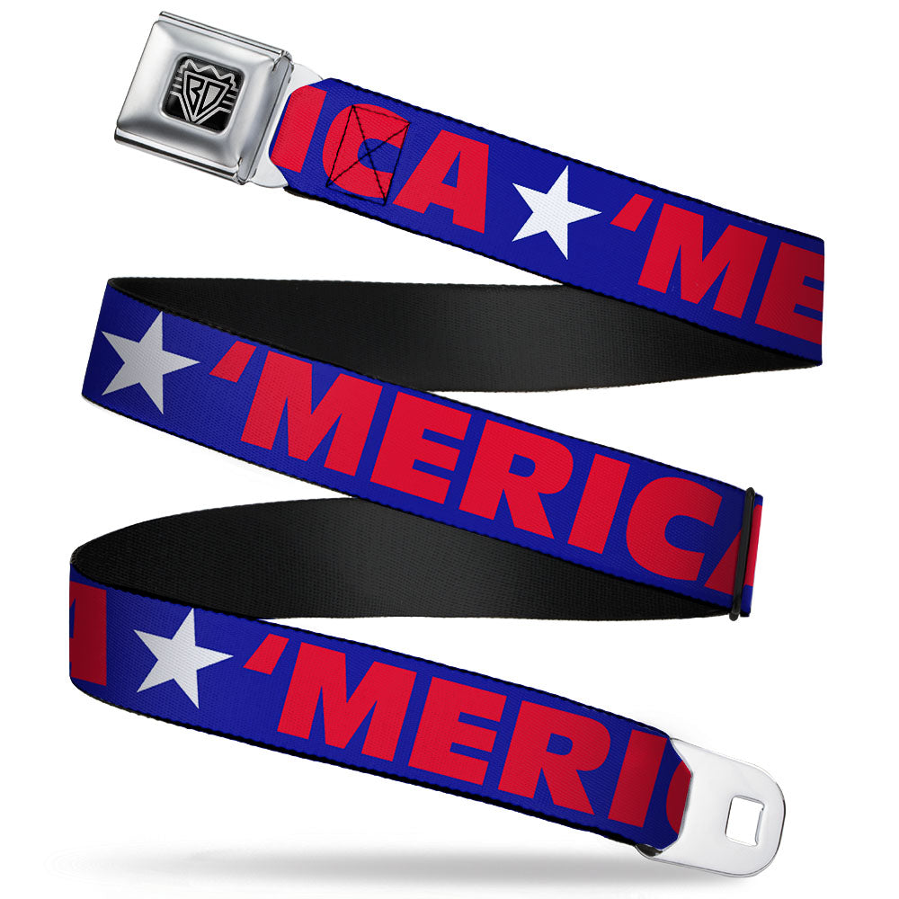 BD Wings Logo CLOSE - UP Full Color Black Silver Seatbelt Belt - 'MERICA/Star Blue/Red/White Webbing - Seatbelt Belts - Buckle - Down