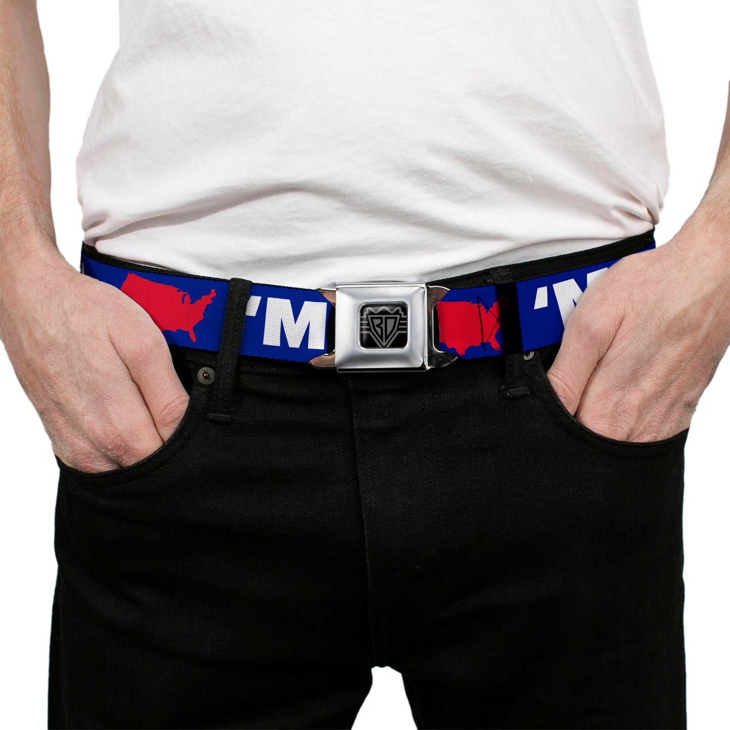 BD Wings Logo CLOSE - UP Full Color Black Silver Seatbelt Belt - 'MERICA/USA Silhouette Blue/White/Red Webbing - Seatbelt Belts - Buckle - Down