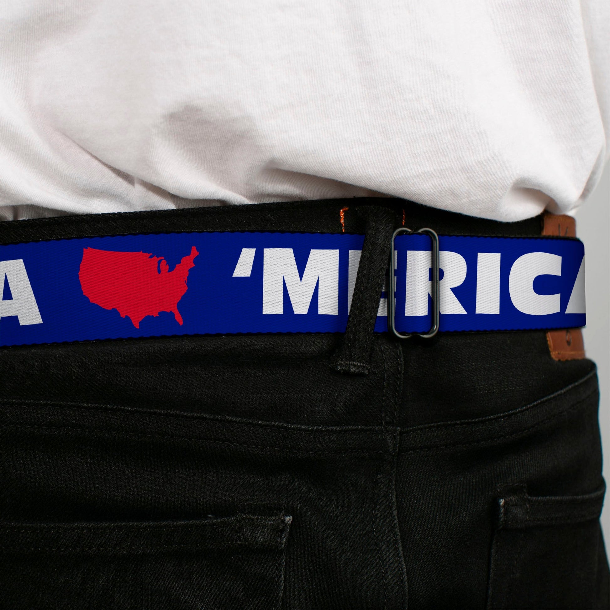 BD Wings Logo CLOSE - UP Full Color Black Silver Seatbelt Belt - 'MERICA/USA Silhouette Blue/White/Red Webbing - Seatbelt Belts - Buckle - Down