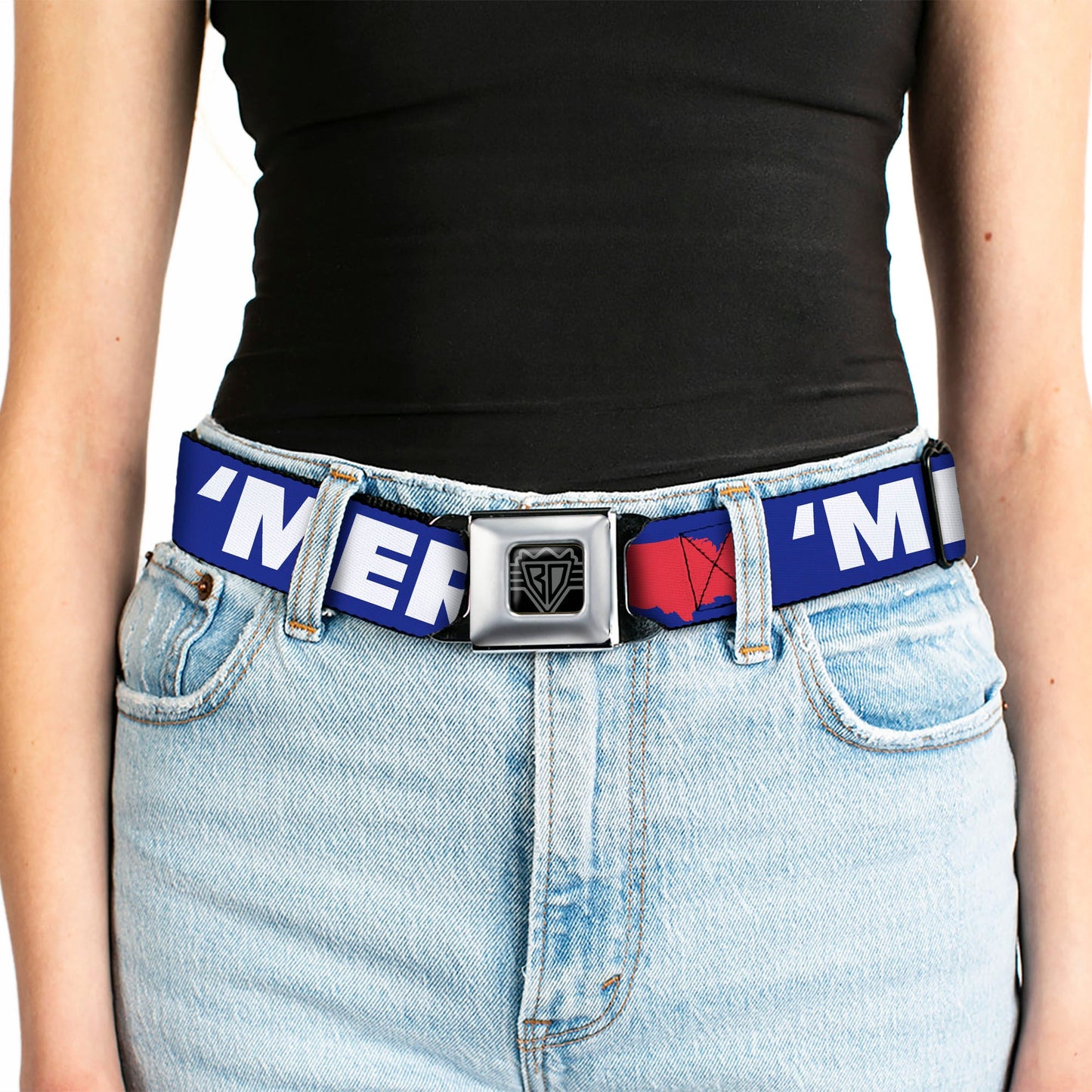 BD Wings Logo CLOSE - UP Full Color Black Silver Seatbelt Belt - 'MERICA/USA Silhouette Blue/White/Red Webbing - Seatbelt Belts - Buckle - Down