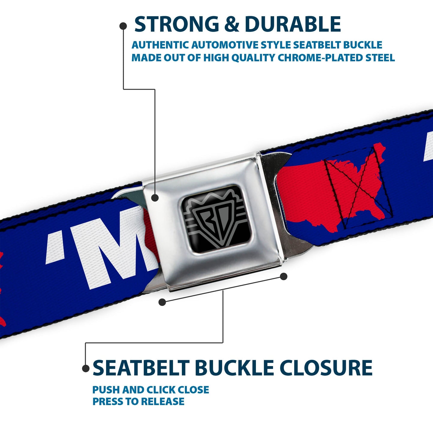 BD Wings Logo CLOSE - UP Full Color Black Silver Seatbelt Belt - 'MERICA/USA Silhouette Blue/White/Red Webbing - Seatbelt Belts - Buckle - Down