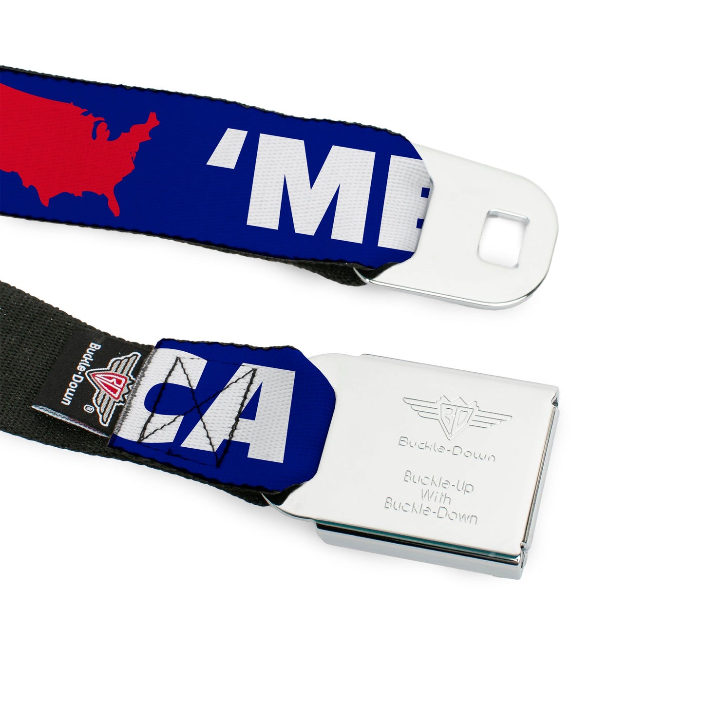 BD Wings Logo CLOSE - UP Full Color Black Silver Seatbelt Belt - 'MERICA/USA Silhouette Blue/White/Red Webbing - Seatbelt Belts - Buckle - Down