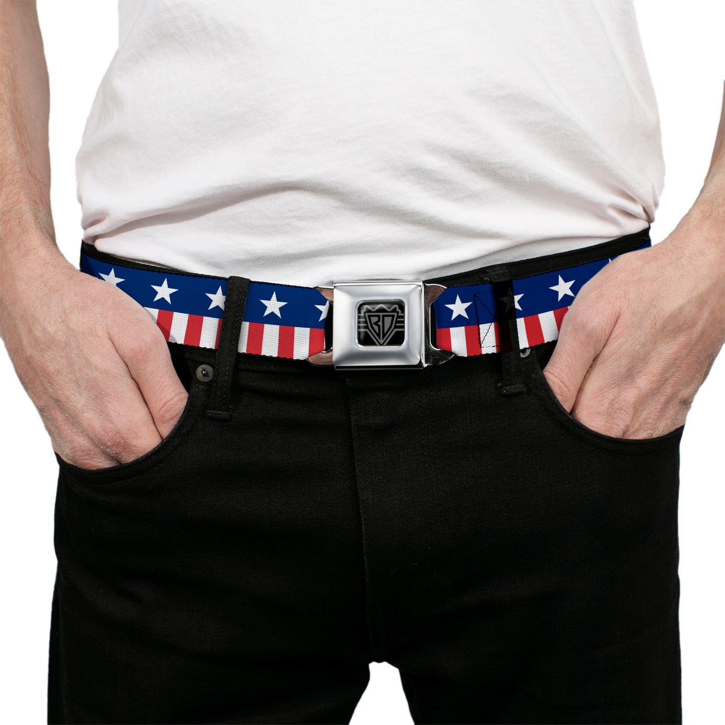 BD Wings Logo CLOSE - UP Full Color Black Silver Seatbelt Belt - Americana Stars & Stripes2 Blue/White/Red/White Webbing - Seatbelt Belts - Buckle - Down