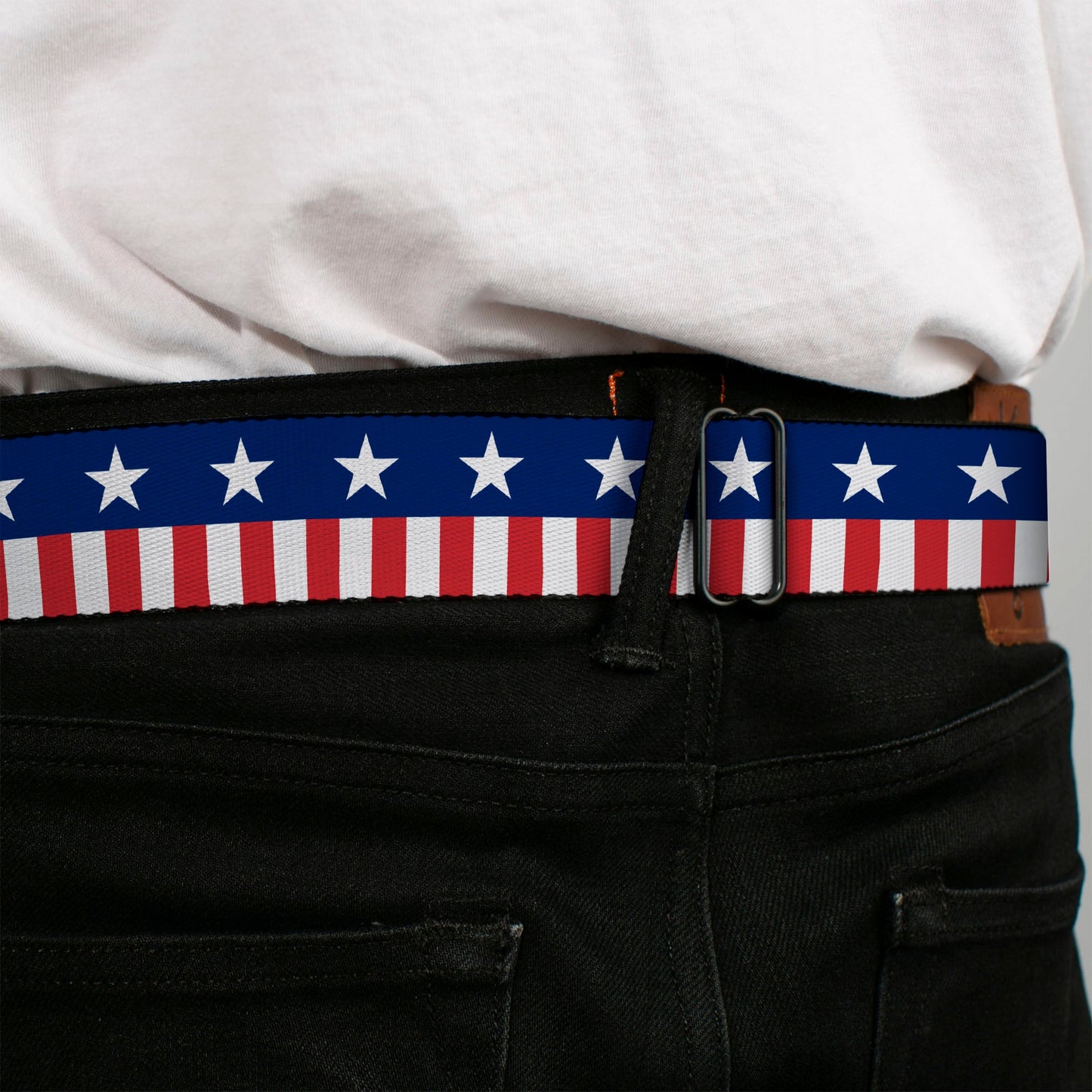 BD Wings Logo CLOSE - UP Full Color Black Silver Seatbelt Belt - Americana Stars & Stripes2 Blue/White/Red/White Webbing - Seatbelt Belts - Buckle - Down