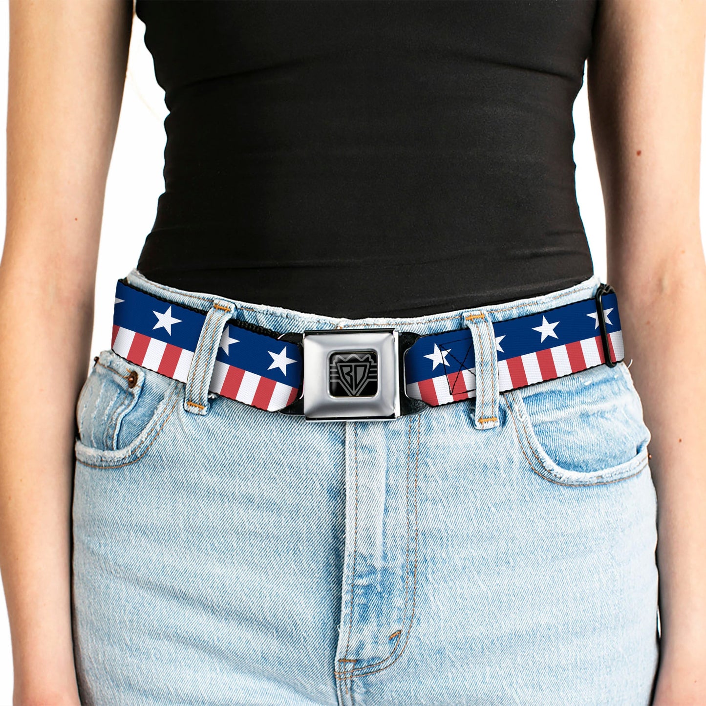 BD Wings Logo CLOSE - UP Full Color Black Silver Seatbelt Belt - Americana Stars & Stripes2 Blue/White/Red/White Webbing - Seatbelt Belts - Buckle - Down