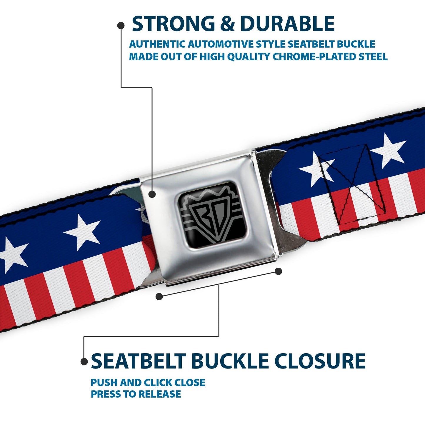 BD Wings Logo CLOSE - UP Full Color Black Silver Seatbelt Belt - Americana Stars & Stripes2 Blue/White/Red/White Webbing - Seatbelt Belts - Buckle - Down