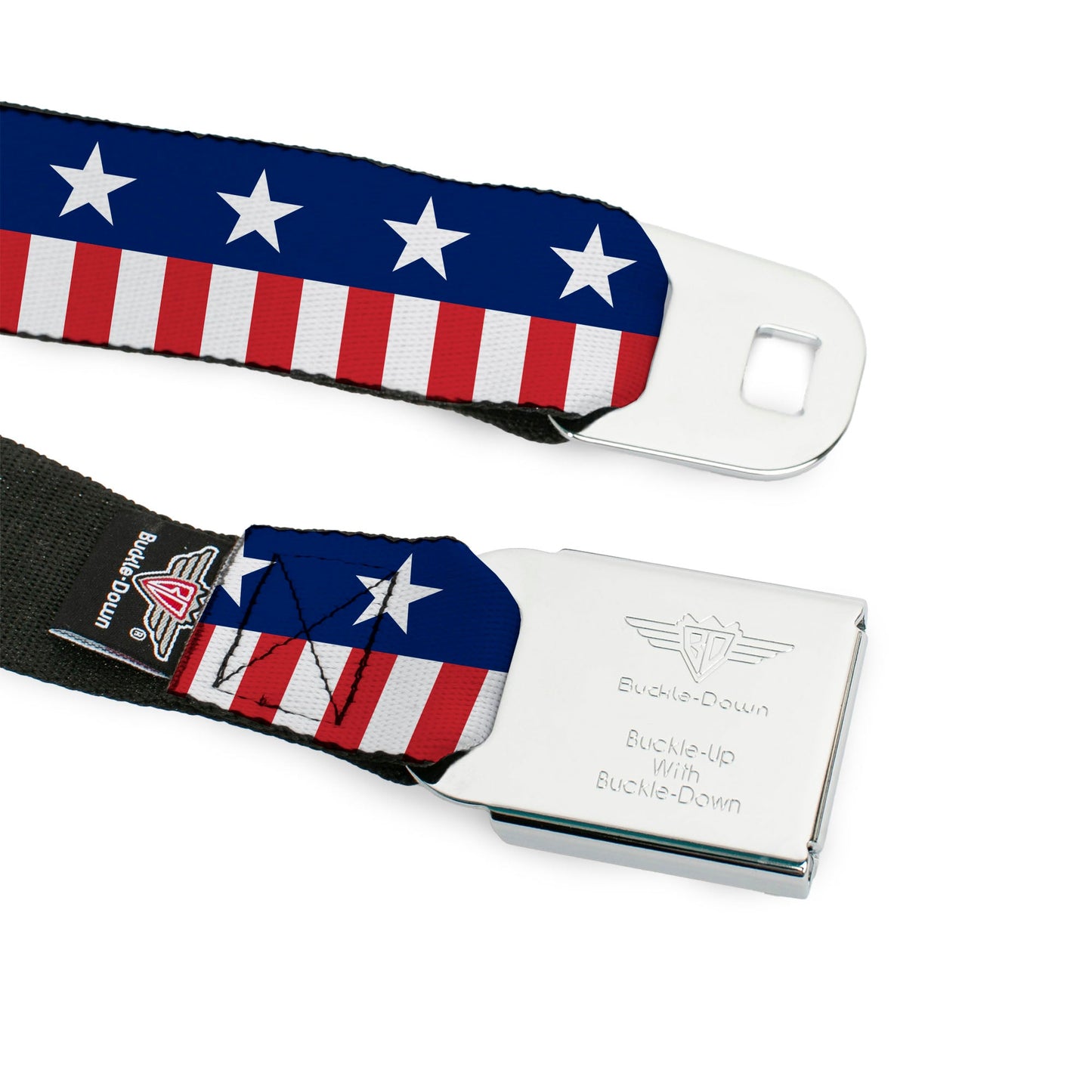 BD Wings Logo CLOSE - UP Full Color Black Silver Seatbelt Belt - Americana Stars & Stripes2 Blue/White/Red/White Webbing - Seatbelt Belts - Buckle - Down