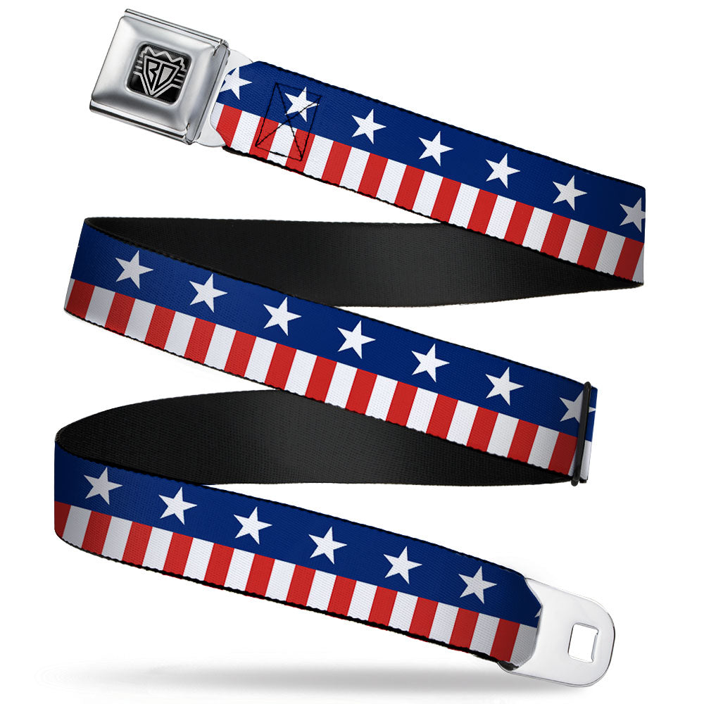 BD Wings Logo CLOSE - UP Full Color Black Silver Seatbelt Belt - Americana Stars & Stripes2 Blue/White/Red/White Webbing - Seatbelt Belts - Buckle - Down