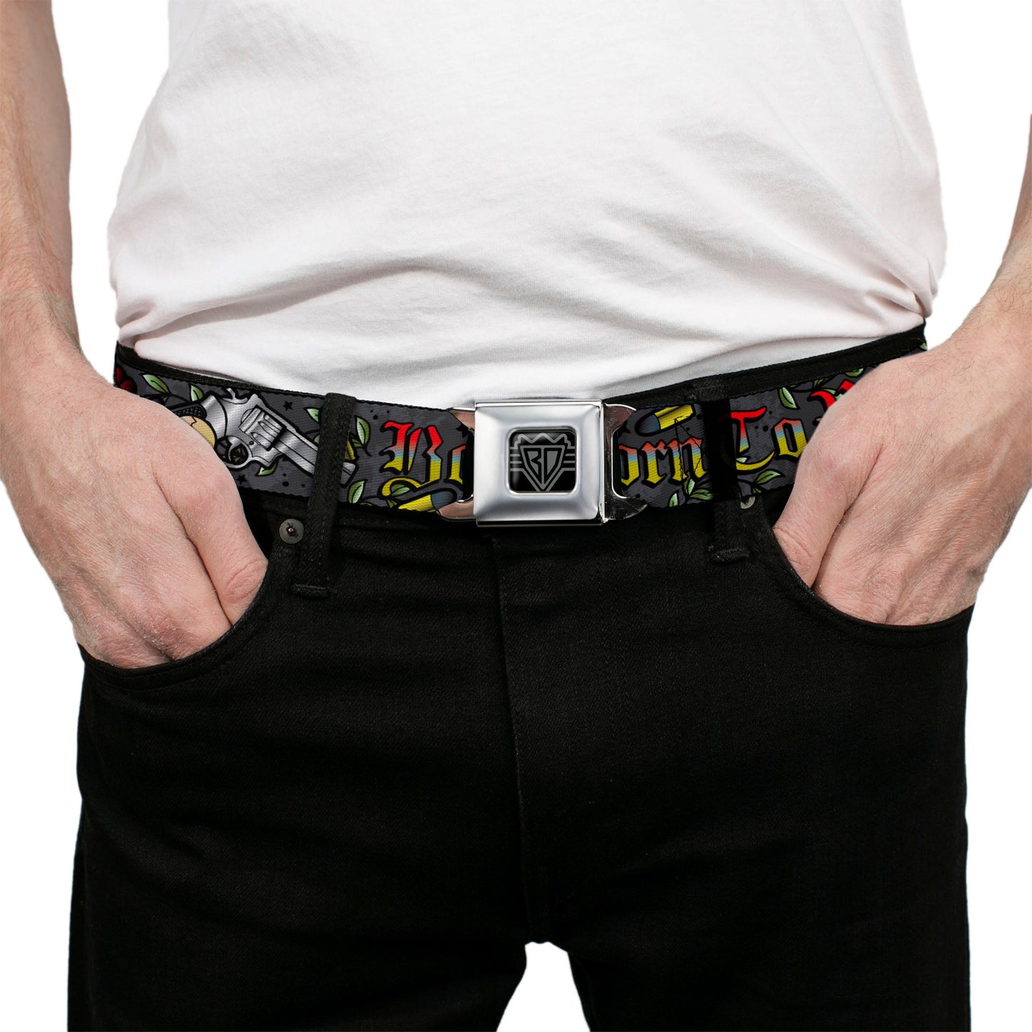 BD Wings Logo CLOSE - UP Full Color Black Silver Seatbelt Belt - Born to Raise Hell Gray Webbing - Seatbelt Belts - Buckle - Down