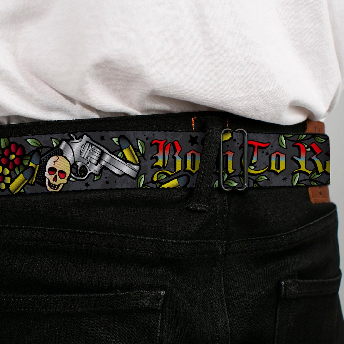 BD Wings Logo CLOSE - UP Full Color Black Silver Seatbelt Belt - Born to Raise Hell Gray Webbing - Seatbelt Belts - Buckle - Down