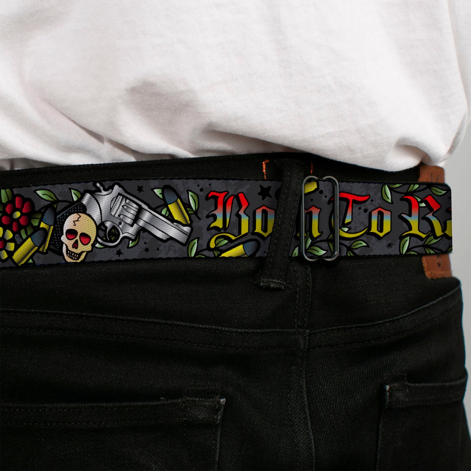 BD Wings Logo CLOSE - UP Full Color Black Silver Seatbelt Belt - Born to Raise Hell Gray Webbing - Seatbelt Belts - Buckle - Down
