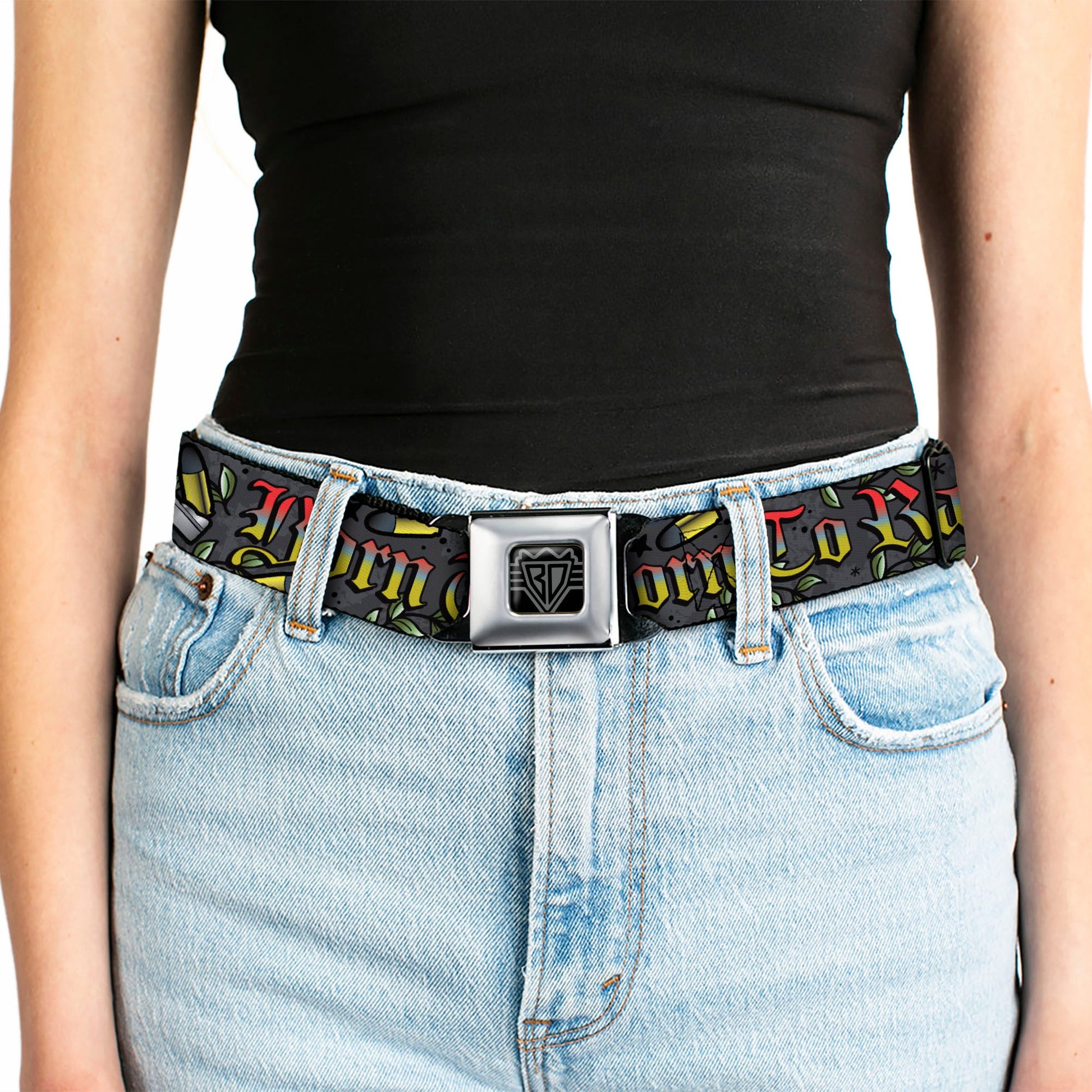BD Wings Logo CLOSE - UP Full Color Black Silver Seatbelt Belt - Born to Raise Hell Gray Webbing - Seatbelt Belts - Buckle - Down