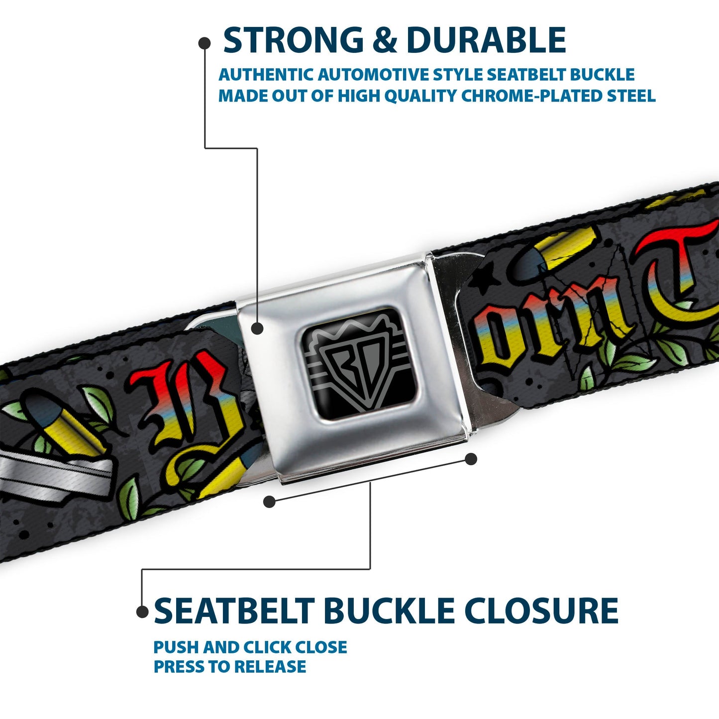 BD Wings Logo CLOSE - UP Full Color Black Silver Seatbelt Belt - Born to Raise Hell Gray Webbing - Seatbelt Belts - Buckle - Down